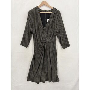 J. Jill Wearever Wrap Dress Womens PL Black Geometric 3/4 Sleeve Ruched Lined